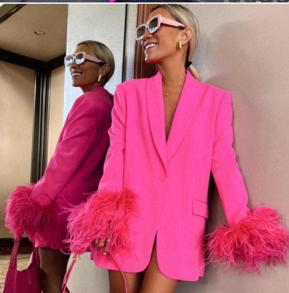 Zara Straight Cut  Pink Feather Blazer NWT Size L - Picture 12 of 14